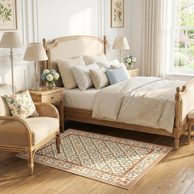 jinchan Vintage Floral 3x5 Washable Entryway Accent Area Rug, Terracotta | Soft & Lightweight, Checkered Floral, Low Pile, Non Slip, Entrance, Kitchen, Bedside, Girls Dorm, Cottage Decor
