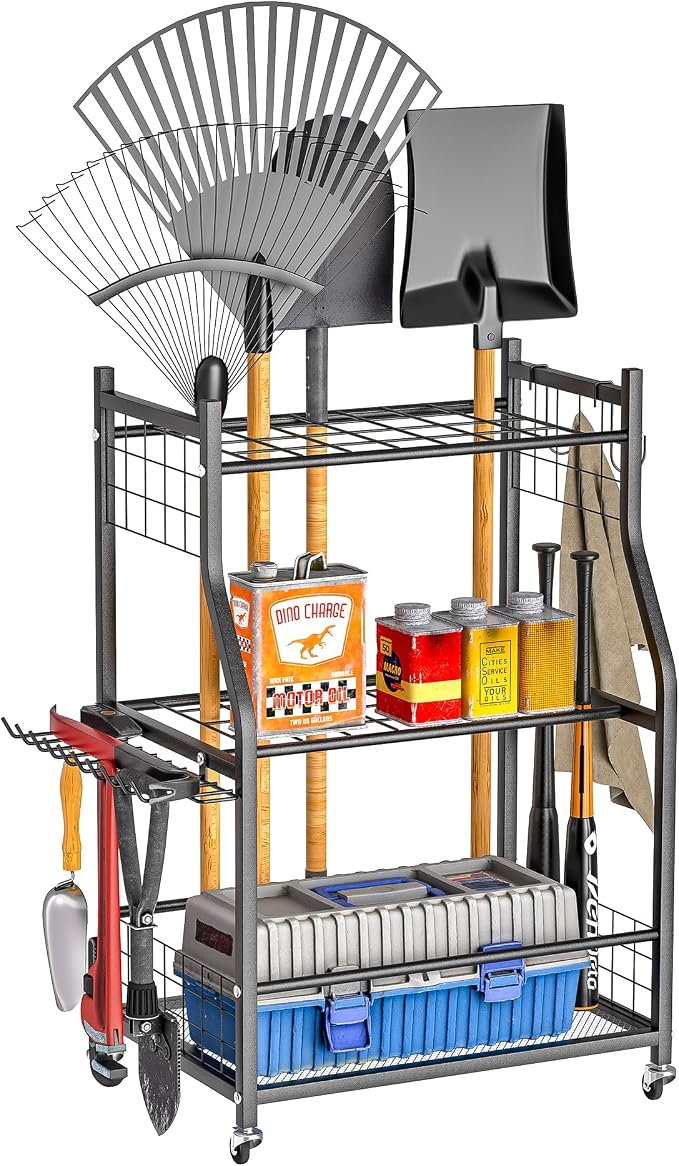 Ultrawall Garden Tool Organizer, Yard Tool Storage Stand for Garage with Lockable Wheels, Shed Tool Storage for Rake, Brooms, Indoor & Outdoor Use