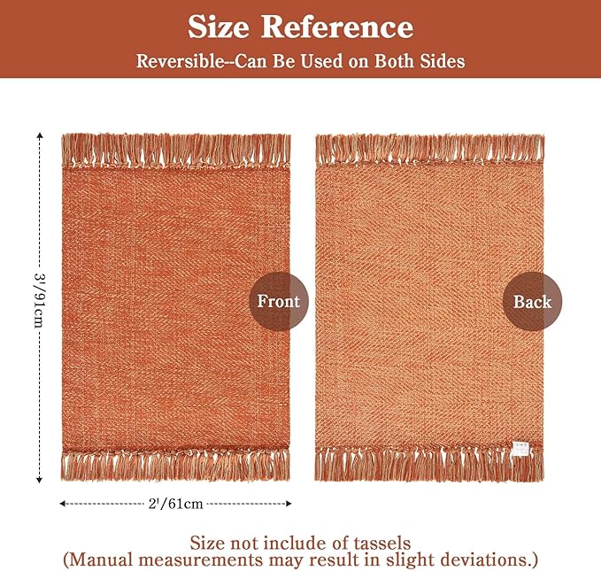 Fall Bathroom Rug 2' x 3', Small Boho Farmhouse Kitchen Rugs | Hand-Woven Washable Entryway Rugs, Reversible Low Profile Front Door Mat, Terracotta Fall Carpet for Porch Back Bedroom Decor