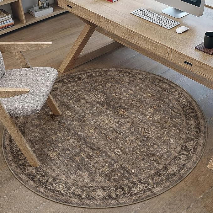 3x3 Dark Brown Vintage Round Rug | Washable, Non Slip, Soft Low Pile, Traditional Farmhouse, for Dining Room Entryway Living Room Bedroom Indoor