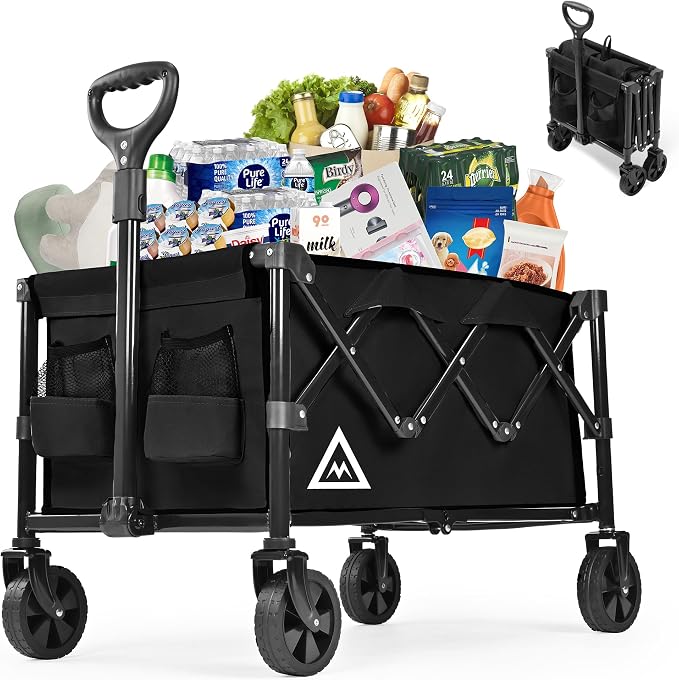 Wagon Cart Shopping Cart Large Capacity Collapsible Wagon with Wheels On Beach Garden Outdoor Utility Carts for Grocery All Terrain Portable Wagons Carts for Groceries Sand Camping Sports Black