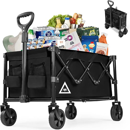 Wagon Cart Shopping Cart Large Capacity Collapsible Wagon with Wheels On Beach Garden Outdoor Utility Carts for Grocery All Terrain Portable Wagons Carts for Groceries Sand Camping Sports Black