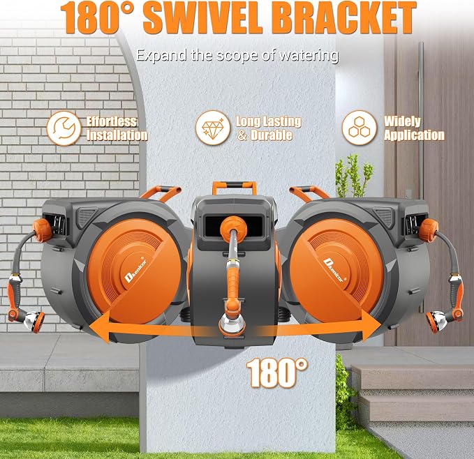 1/2" x 160 ft Retractable Hose Reel, Heavy Duty Retractable Garden Hose Reel Wall Mounted with 10-Pattern Hose Nozzle/Any Length Lock/Slow Return System/180°Swivel Bracket,Orange