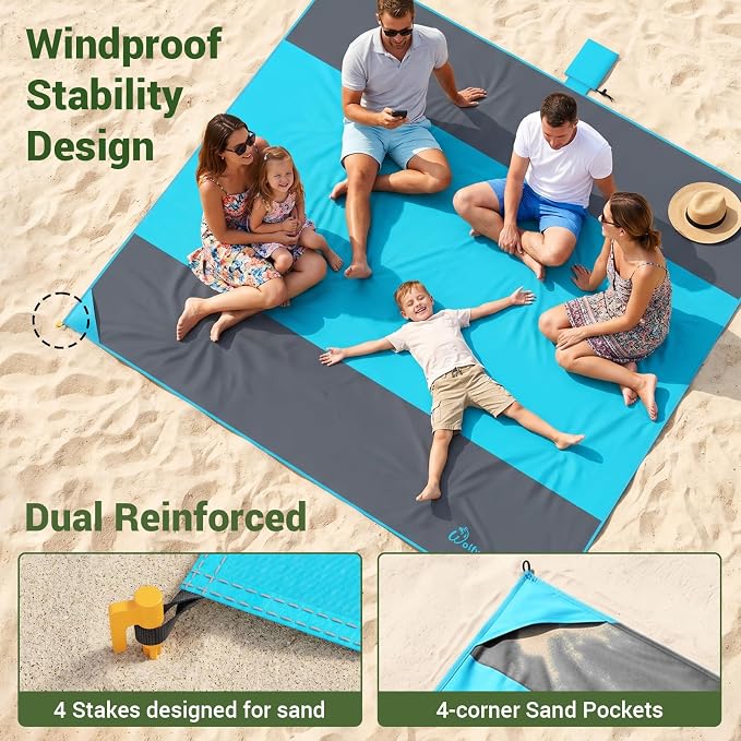 Wolfwise 78" × 81" XXL Beach Blanket, Waterproof & Sandproof Picnic Mat with 4 Sand Pockets & 4 Stakes, Windproof Outdoor Camping Beach Mat, Lightweight, Fits 4 People, Blue