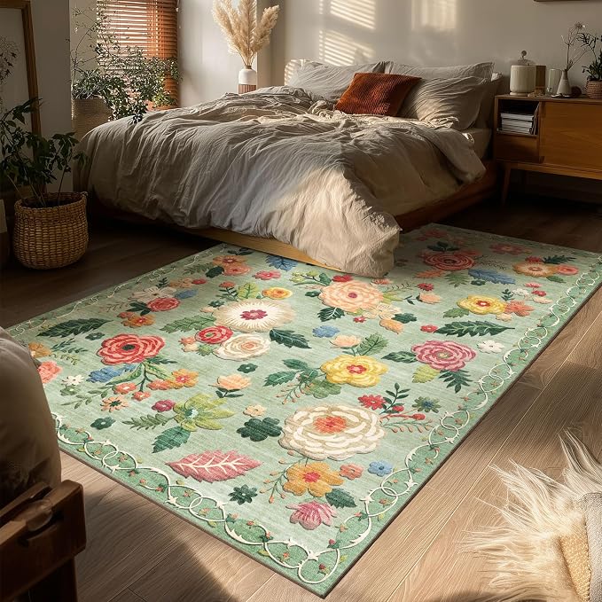 4x6 Bedroom Area Rug Washable: Throw Rugs for Living Room Floral Green Rug Non Slip Low Pile Faux Wool Non Shedding Small Carpet for Kitchen Entryway Bedside Home Office Dorm Kids Room Entrance Entry