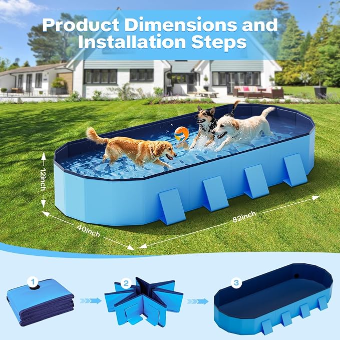 Raxurt Foldable Dog Pool, 82'' Extra Large Dog Pool for Large Dogs with Non-Slip & Reinforced Support Boards, Portable Pet Bath Tub for Outdoor Backyard Use