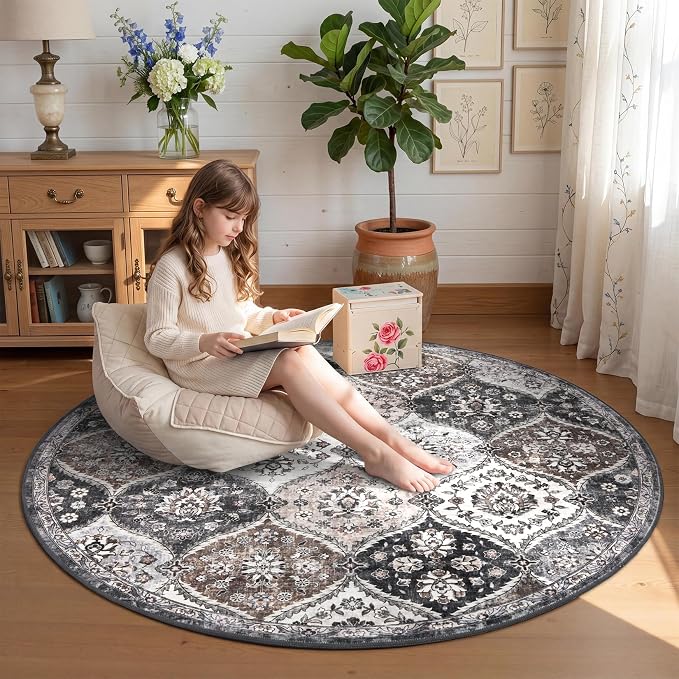 ROYHOME Washable Round Rug 5ft Moroccan Trellis Area Rug, Grey/Taupe | Stain Resistant Non-Slip Circle Rug Vintage Distressed Round Throw Carpet for Living Room Bedroom Kids Room Playroom