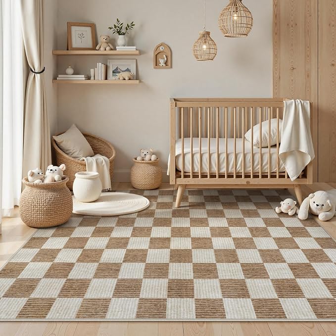 Machine Washable 5x7 Area Rugs for Living Room Checkered, Non Slip Soft Low Pile Farmhouse Geometric Modern Neutral Playroom Boys Rugs for Bedroom, Large Carpet Rugs for Dining Room(Brown,5'x7')