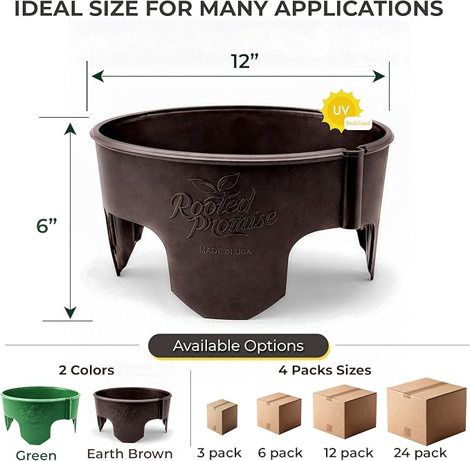 12 Inch Wrap-Around Adjustable Planting Grow Rings | 6 Pack | Brown | Install Around Existing Plants | Square Foot Gardening | Trimmer Protection and Mulch Barrier | Heavy Duty | Made in USA