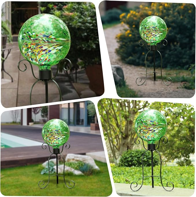 VCUTEKA Gazing Ball for Garden, Glass Outdoor Garden Globe Decor 10" Green | Handcrafted green swirl glass gazing balls that creates elegant garden focal point in any outdoor landscape yard decorative