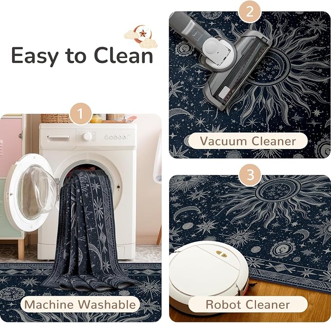 Vacuum-Friendly, 6x9 Washable Area Rug, Blue Gray White | Sun and Moon Boho Gothic Non-Slip Low Pile Living Roon Bedroom Dining Room Kitchen Entry Entryway Entrance Hallway Doormat