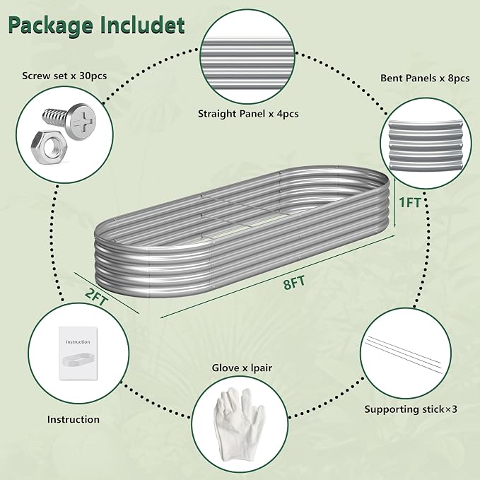 Galvanized Raised Garden Bed Outdoor, 8x2x1ft(2Pack) Metal Heavy Duty Planter Boxes for Gardening, Easy Assemble Bottomless Small Oval Plant Container Kit for Vegetable, Flower, Fruit, Silver