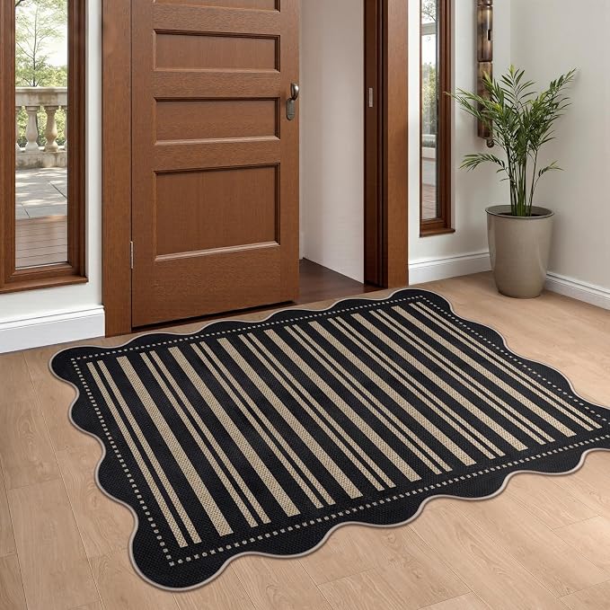 Striped Easy Jute Front Door Mat, 2.6x4 Washable Entryway Rug Non Slip Small Kitchen Rug, Farmhouse Low Pile Floor Scalloped Rugs for Bathroom Porch Doorway