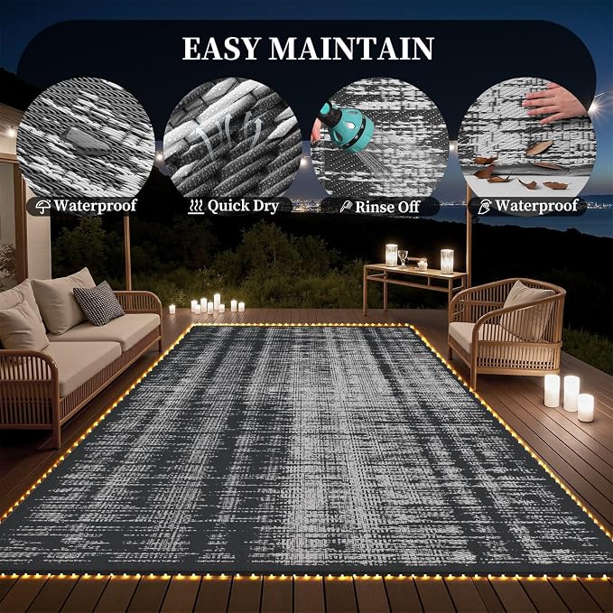 MontVoo Outdoor Rug Waterproof 8x10 ft with Strip Lights Outdoor Patio Rug Mat Reversible Plastic Straw Rug Outside Outdoor Rug for RV Camping Picnic Balcony Backyard