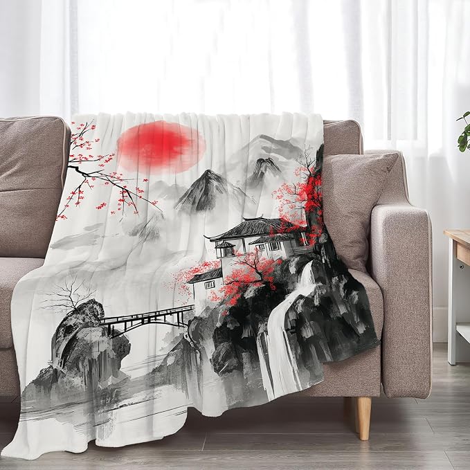 Japanese Throw Blanket Anime Cherry Blossom Gifts for Girls Women Men Boys Plush Cozy Flannel Fleece Fuzzy Landscape Blankets 50"X40"