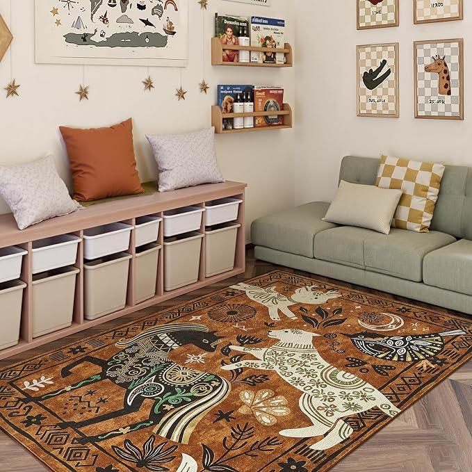 jinchan 5x7 Cute Area Rug Kids Washable Fun Rug Earthy Brown Starlit Boho | Soft, Cozy, Non-Slip, Kid-Friendly, Animal, Lightweight, Entryway, Kitchen, Dorm, Bedroom, Living Room, Playroom, Nursery