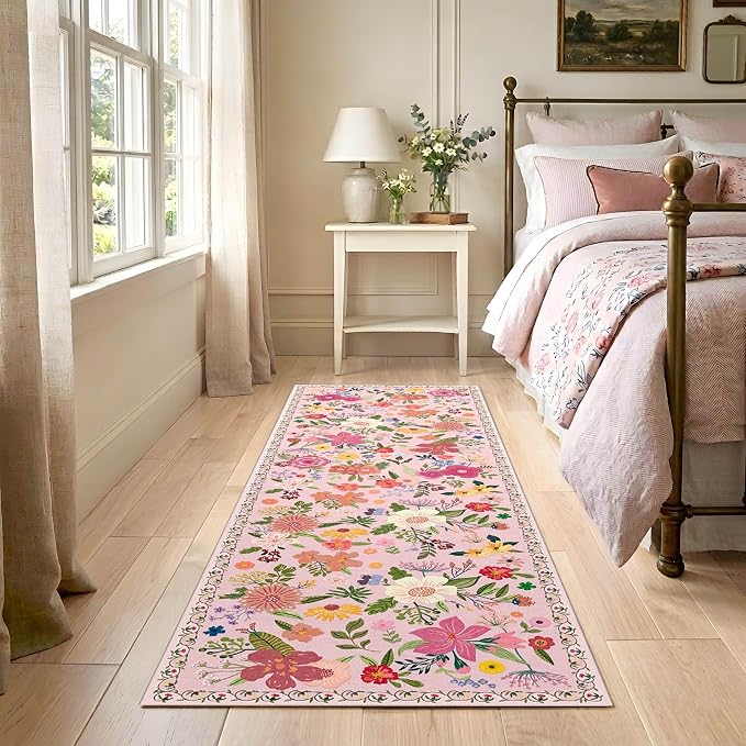 Latte&Fog Washable Hallway Runner Rug 2x6 Non Slip Pink Rugs for Kitchen | Low Pile Soft Cute Throw Rug Doormat for Entrance Bathroom Laundry Bedside Bedroom Nursery Playroom Hallyway Dorm Office