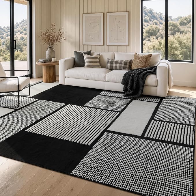 8x10 Large Black and White Area Rug, Washable Living Room Carpet | Stain-resistant Low-pile Black and White Large Carpet, Non Slip Abstract Rug for Living Room Dining Room and Bedroom Floors