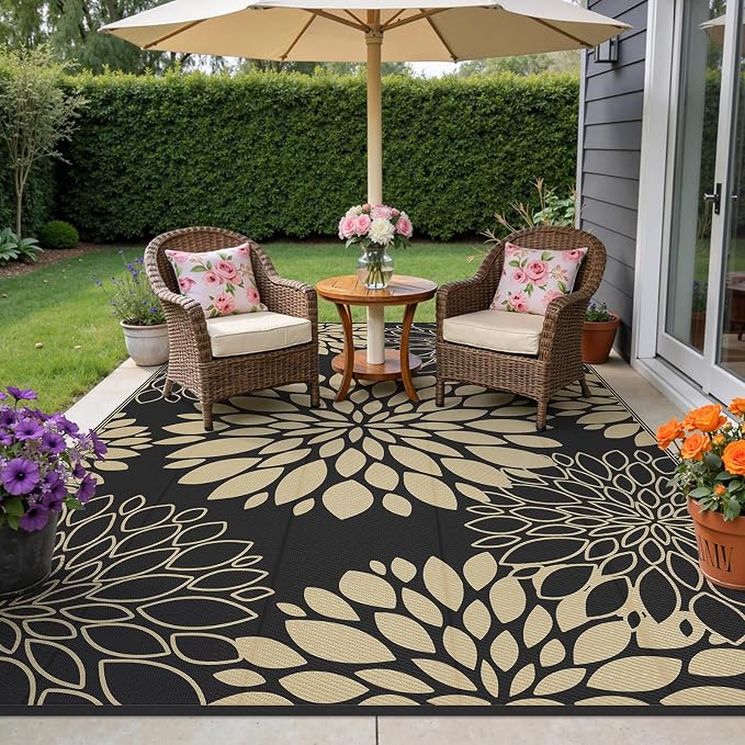 Ileading Waterproof Outdoor Rug 6x9, Reversible Plastic Straw Patio Rug, Portable Indoor Outdoor RV Camping Mat Carpet for Deck, Porch, Balcony, Backyard, Picnic, Floral Black