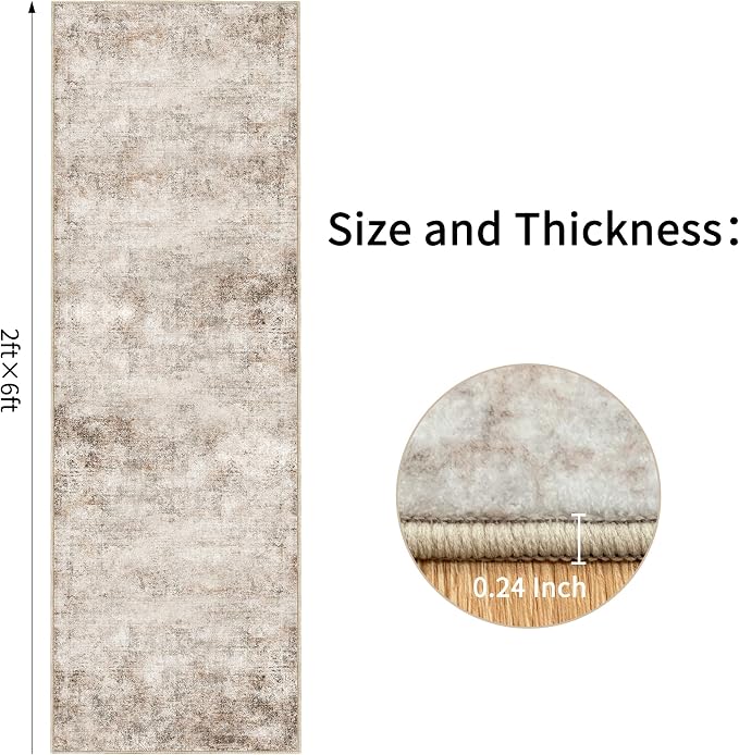 Abstract Beige Runner Rugs for Hallway: 2x6 Washable Long Bathroom Rug for Entryway Kitchen Bedroom Indoor - Easy Clean Soft Thin Floor Mat - Modern Neutral Decor Throw Carpet