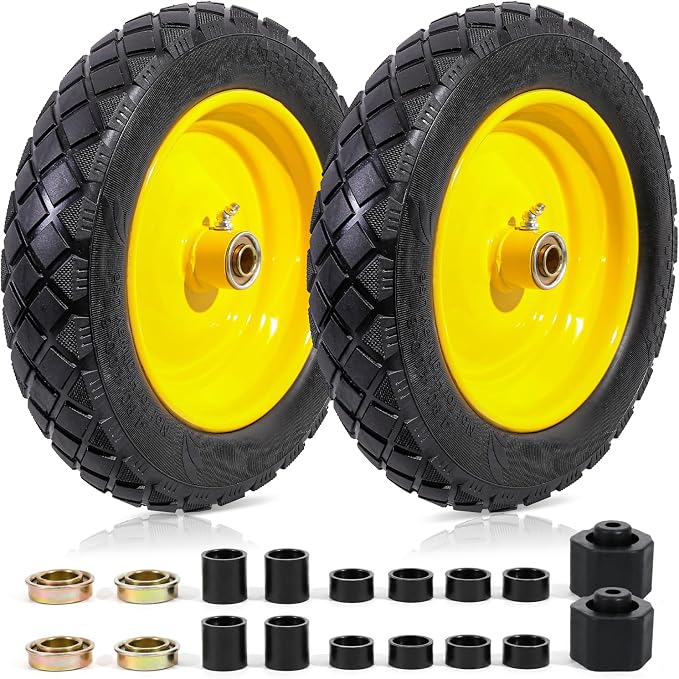 MZREXN 4.80/4.00-8" Flat Free Tire and Wheel 15" Wheelbarrow Tires | 3.00-4.00/4.80-8" Solid Tire with 5/8" & 3/4" Bearings, 3" Centered Hub for Hand Truck Garden Trailers 2PCS Yellow