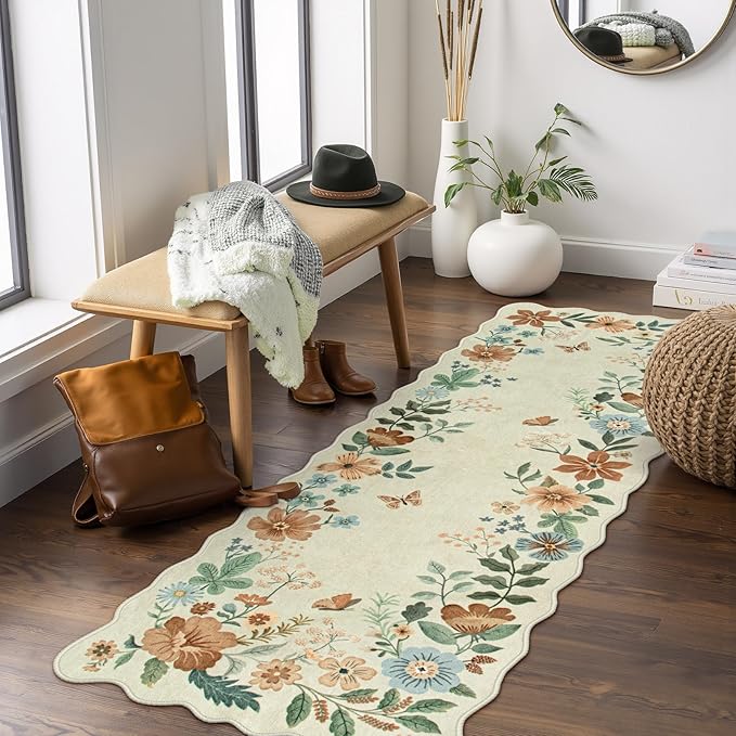 Lahome Floral Kitchen Runner Rug, 2x5 Rug Runners for Hallways Non Slip | Soft Ultra-Thin Washable Carpet Runner Non Slip Low-Pile Boho Carpet for Bathroom Bedroom Flore (2x5ft, Beige)