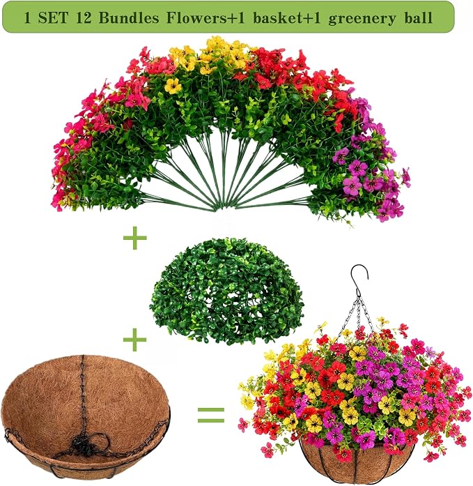 Geegoods Artificial Hanging Flowers for Outdoors, 1 Pack UV Resistant Fake Hanging Basket with 12 Pcs Mixed-Color Mums, Realistic Artificial Hanging Plants for Porch Patio Balcony Yard Garden Decor