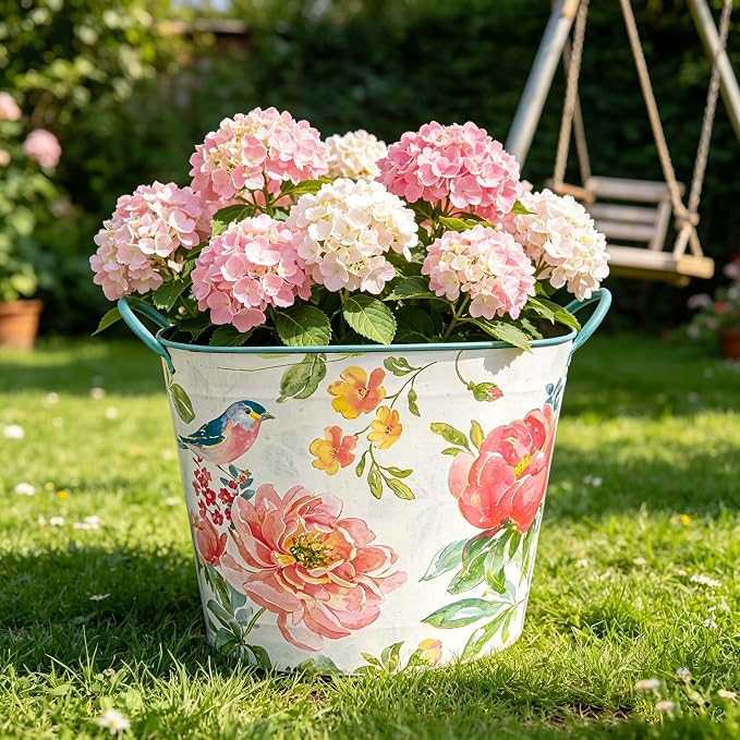 Vintage Watercolor Metal Bucket Planter with Floral & Bird Print , 13" Large Decorative Flower Pot with Handles for Indoor Outdoor Garden, Farmhouse Kitchen, Wedding and Rustic Home Decor (Flower#4)
