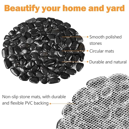 River Rock Stepping Stones Outdoor for Garden Walkway, 12 inch Diameter 6 Pcs Round Shape Paver Step Stones Polished Pebble River Stone Mat for Yard Lawn Patio Pathway Walk Way - Black