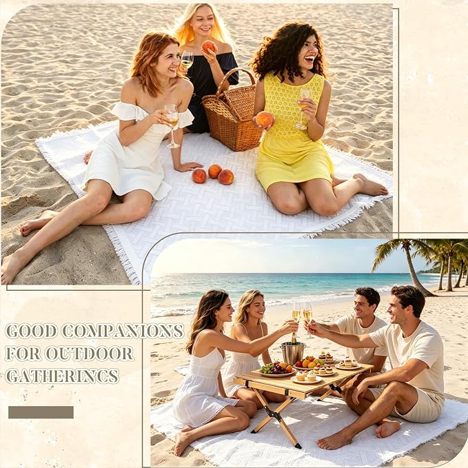 91'' x 71''Extra Large Outdoor Boho Picnic Blanket,Woven Cotton Yarn Blanket with Fringe for Boho Decor Camping Lawn Wedding Photoshoot Beach Park Grass (White)