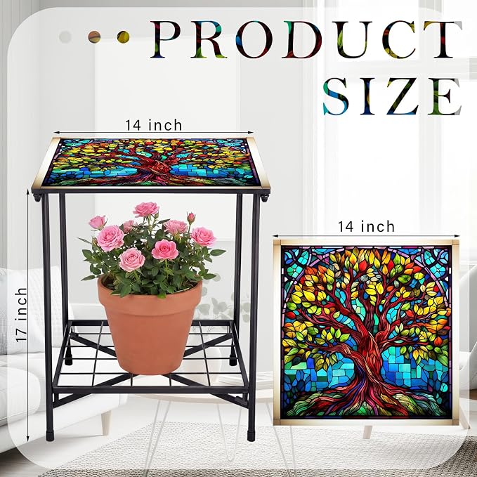 Cinnvoice Outdoor Side Table 2-Tier Storage Square Small Mosaic Patio Accent Indoor End Plant Coffee Tea Table for Yard Patio Porch Garden Living Room, Bedroom(Tree of Life Style)