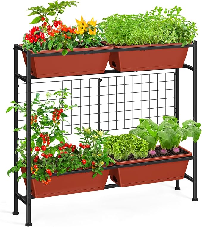 OYEAL Raised Garden Beds with Legs & Trellis, 32" Tall Herb Garden Planters for Indoor/Outdoor Plants, Vertical Elevated Flower Box for Backyard, Porch, Patio, Balcony, Red