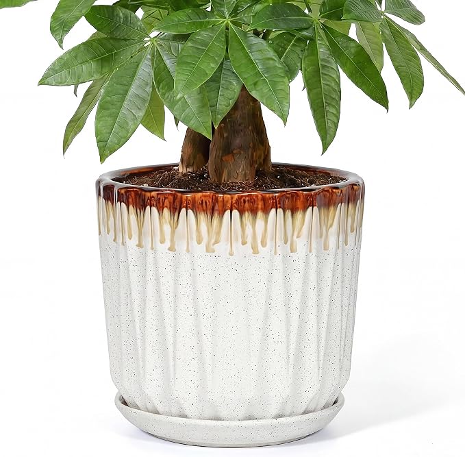 10 Inch Ceramic Planter Pot with Saucer Drainage Leak-Proof Mesh,Flower Pots for Indoor Plants with Gardening Gloves,Ceramic Planter(Linen White)