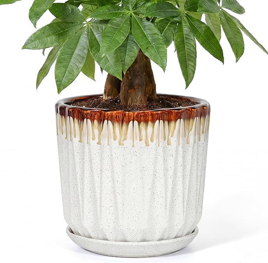 10 Inch Ceramic Planter Pot with Saucer Drainage Leak-Proof Mesh,Flower Pots for Indoor Plants with Gardening Gloves,Ceramic Planter(Linen White)