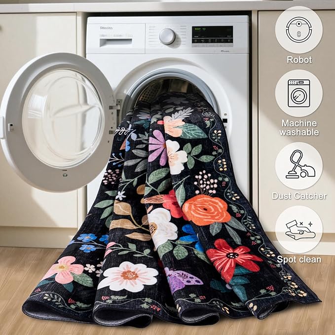 PLHXFR 2x3 Small Entryway Rug: Floral Washable Indoor Soft Carpet Black | For Entrance, Bedroom, Kitchen, Laundry, Bathroom,Door Mat,Vintage Floral,Machine washable,Non-Slip,Stain Resistant,Indoor