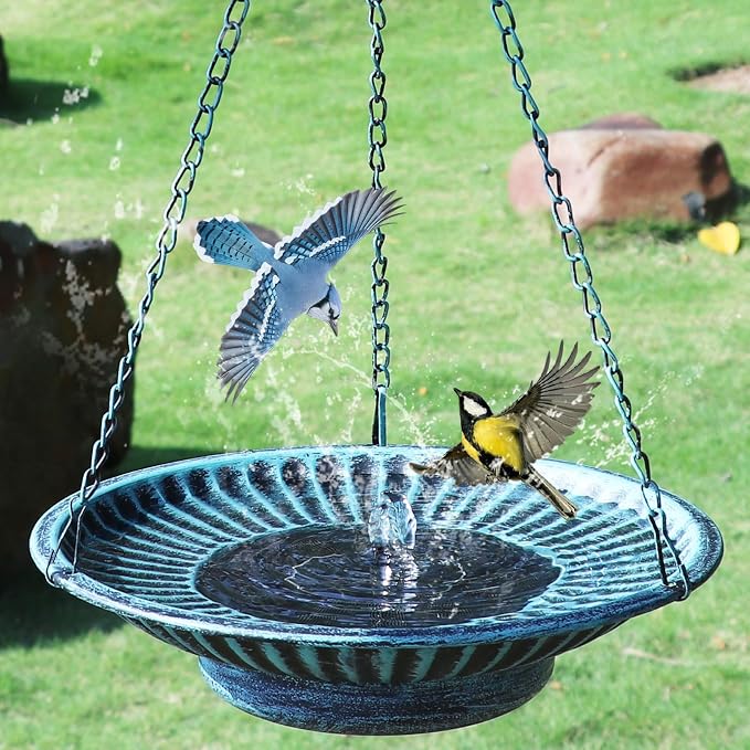 12" Hanging Solar Bird Bath,Solar Bird Bath Fountain for Garden Patio Decor | Hanging Bird Bath with Solar Fountain,Metal Bird Bath Bubbler,Hanging Bird Bath for outside (blue)