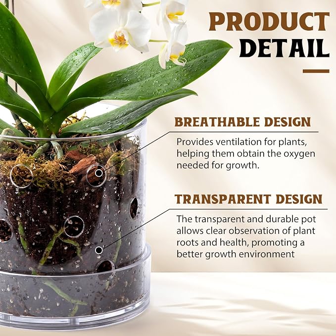 5 Inch Clear Acrylic Orchid Planter Pot with 360° Round Holes & Tray, Thick Acrylic Vented Planter for Phalaenopsis, Root Airflow, Bottom Watering & Indoor Orchid Repotting