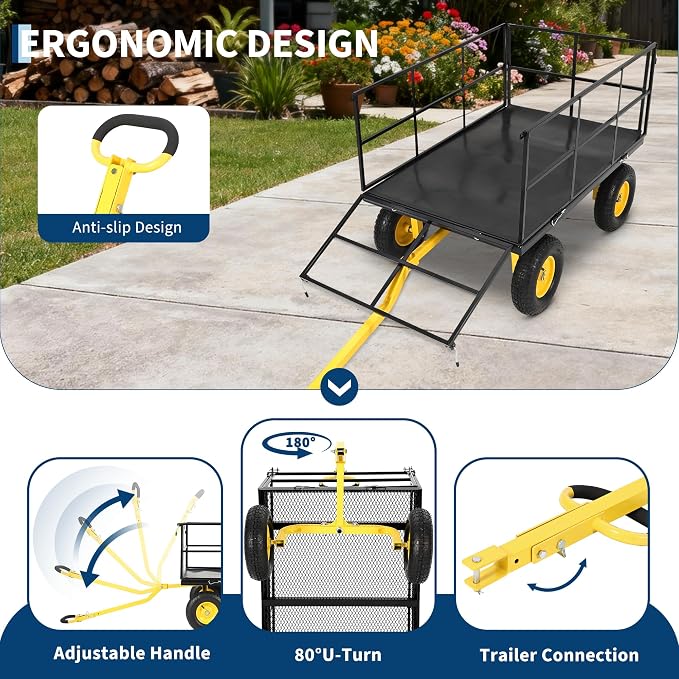 Garvee 1500 LB Heavy Duty Garden Wagon Cart, Outdoor Metal Utility Trailer | 13 in All Terrain Tires, 3-in-1 Yard Wagon Cart with Removable Side Panels for Outdoor Lawn, Yard, Backyard