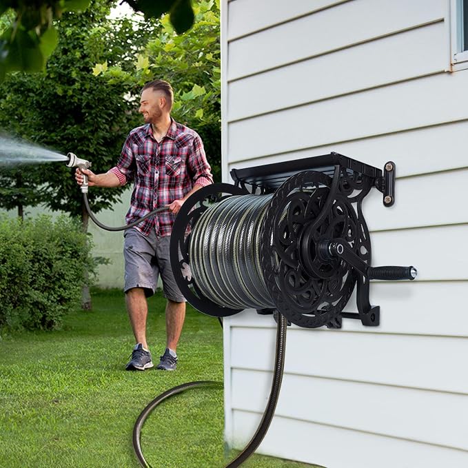 Metal Wall Mount Garden Hose Reel for Outside, Holds 125 ft x 5/8'' Hose Storage, Decorative Heavy Duty Water Hose Holder Aluminum Frame, No-Leak Aluminum Water System, Easy Assmbly, Dark Bronze