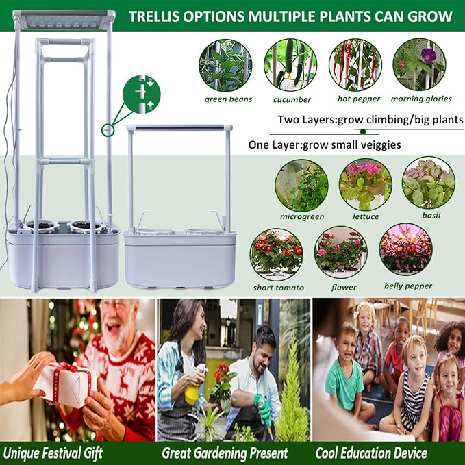 Tall Hydroponics Growing System kit with Height Adjustable Light & Trellis | Hydroponic Indoor Gardening System Tower with High Power Timer LED Grow Light,Herb Garden Grow Kit for Tomato,Pepper,Cucumber