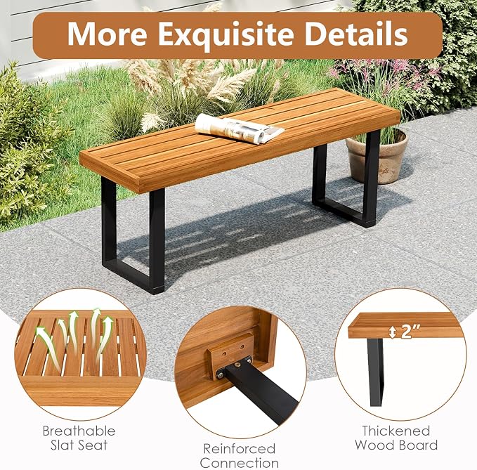 HAPPYGRILL Acacia Wood Bench for 2 People, Outdoor Dining Bench with Metal Legs & Adjustable Foot Pads, for Entryway, Garden, Poolside, Balcony, 800 LBS (2)