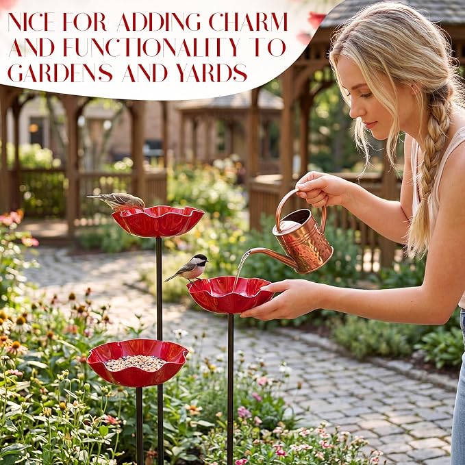 LemonRoad 6 Pcs Metal Bird Baths for Outdoors Flower Pattern Bird Bath Feeders with Metal Stake for Garden Yard Lawn Outdoor Decor (Red)