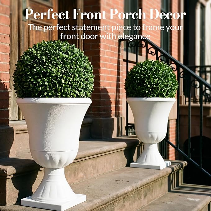 Worth Garden 2-Pack Urn Plastic Planters - 15.5" x 22" Tall Round Classic Flower Pots Pure White Traditional Large Roman Plant Pots for Front Porch Patio Deck Wedding Decoration Pot - Indoor & Outdoor