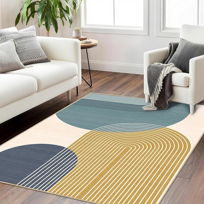 Boho Large Area Rug 4x6 for Living Room Bohemian Rugs Machine Washable Modern Geometric Rug Non Slip Printed Low Pile Indoor Floor Carpet for Dining Room Bedroom Office,Blue
