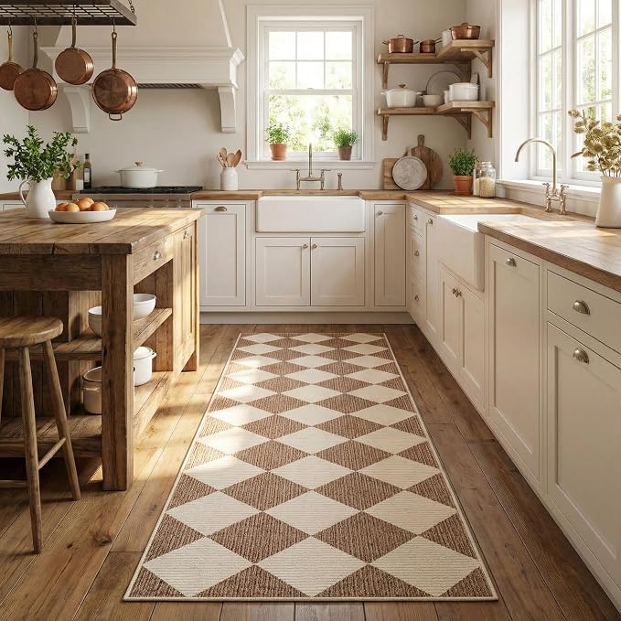 GarveeHome Checkered Long Hallway Runner Rug 2.5x10 Brown Kitchen Rug | Non Slip Soft Diamond Print Entryway Rug Thin Laundry Mat Stain Resistant Carpet for Bedroom Bathroom Beside
