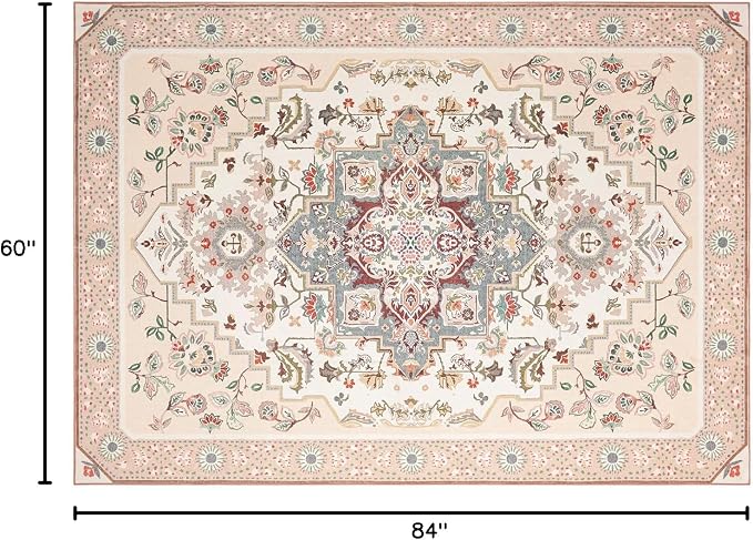 Phantoscope Washable Area Rug 5'x7' Non-Slip, Vintage Boho Rugs for Living Room, Bedroom, Dining Room, Persian Floral Medallion Pattern, Low-Pile Foldable Floor Carpet, Ivory Rose/Fall Bloom