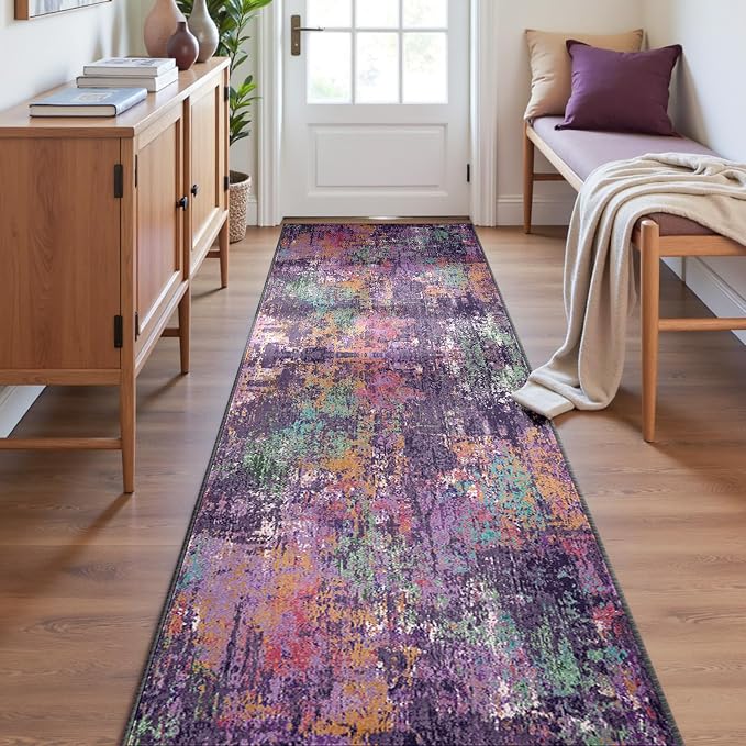 RELEANY Washable Runner 2'x6' Abstract Area Rug for Hallway Purple Multi | Carpet for Kitchen, Entryway, Bathroom, Living Room, Bedroom, Printed Pattern, Non‑Slip, Soft, Stain‑Resistant, Easy to Clean