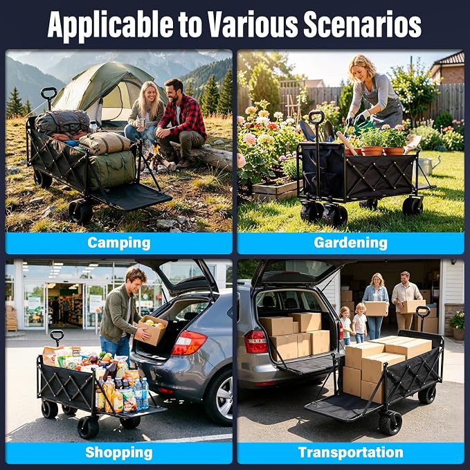 Upgraded Folding Wagon Cart with All-Terrain Wheels – Heavy Duty Collapsible Utility Wagon for Grocery, Sports, Garden, Camping, Shopping (Black 600LBS)