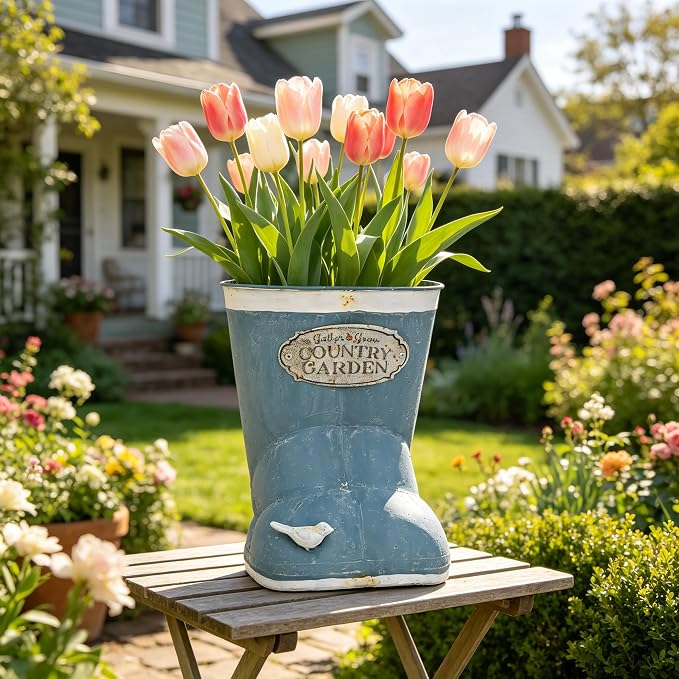 Vintage Blue Rain Boot Planter, Country Garden Metal Boot Flower Pot, Rustic Farmhouse Decorative Planter for Indoor Outdoor Succulents, Herbs, Garden & Porch Decor