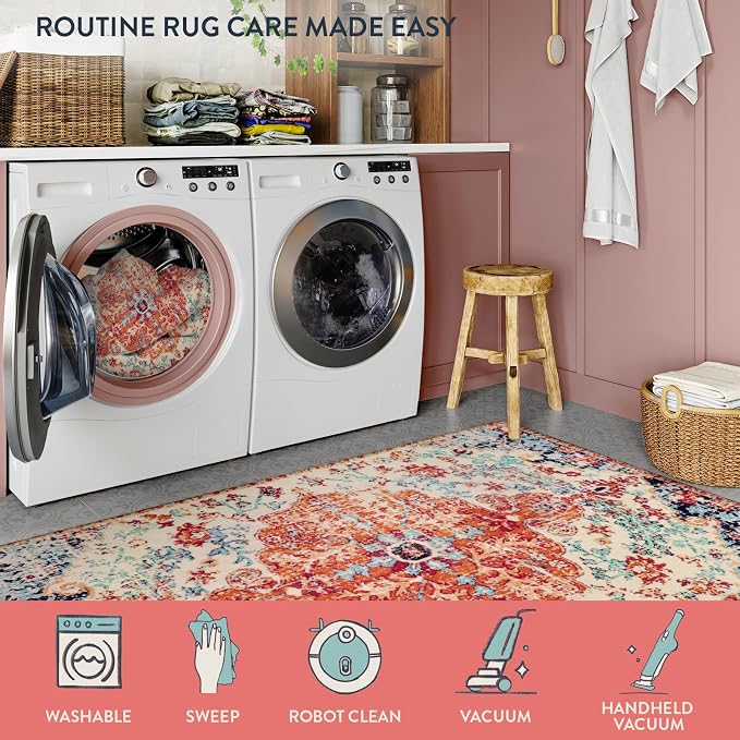 Lahome Bohemian Floral Medallion Round Rug - 4Ft Soft Bedroom Area Rug Oriental Distressed Washable Entryway Foyer Throw Mat Non-Slip Door Carpet for Dining Living Room Bedside Nursery, Orange/Multi